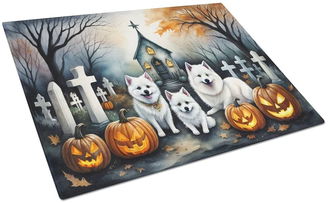 Main image of NEW American Eskimo Spooky Halloween Glass Cutting Board Decorative Tempered Glass Kitchen Cutting and Serving Board Large Size