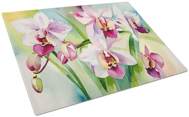Main image of NEW Orchids in Watercolor Glass Cutting Board Decorative Tempered Glass Kitchen Cutting and Serving Board Large Size Chopping Bo
