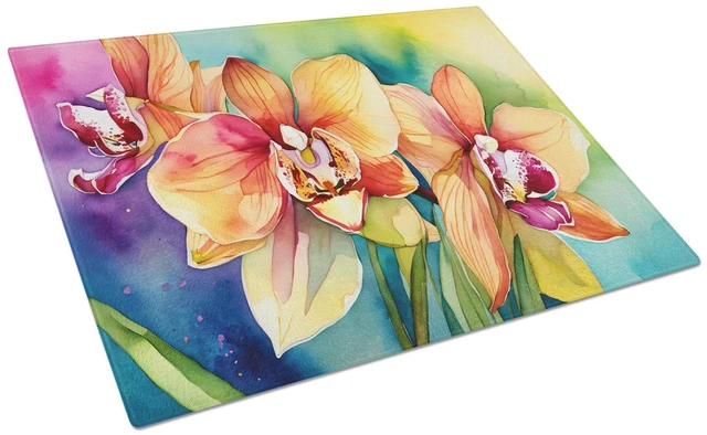Main image of NEW Orchids in Watercolor Glass Cutting Board Decorative Tempered Glass Kitchen Cutting and Serving Board Large Size Chopping Bo