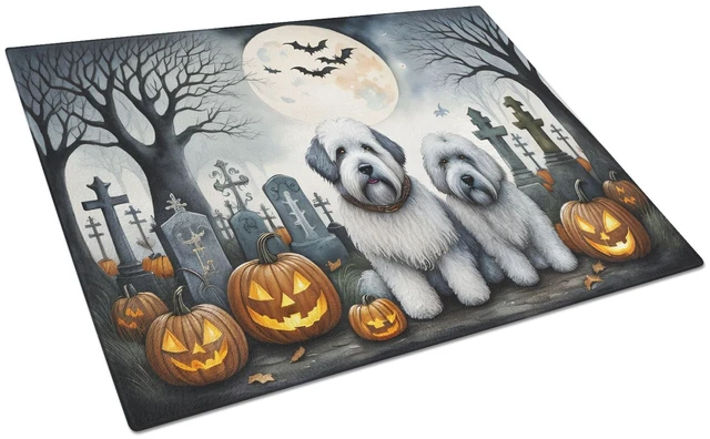 Main image of NEW Old English Sheepdog Spooky Halloween Glass Cutting Board Decorative Tempered Glass Kitchen Cutting and Serving Board Large