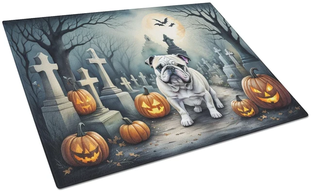 Main image of NEW English Bulldog Spooky Halloween Glass Cutting Board Decorative Tempered Glass Kitchen Cutting and Serving Board Large Size
