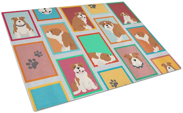 Main image of NEW Lots of Red and White English Bulldog Glass Cutting Board Decorative Tempered Glass Kitchen Cutting and Serving Board Large