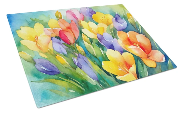 Main image of NEW Freesias in Watercolor Glass Cutting Board Decorative Tempered Glass Kitchen Cutting and Serving Board Large Size Chopping B