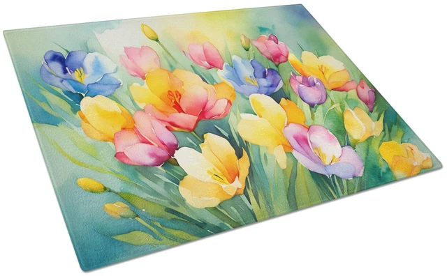 Main image of NEW Freesias in Watercolor Glass Cutting Board Decorative Tempered Glass Kitchen Cutting and Serving Board Large Size Chopping B