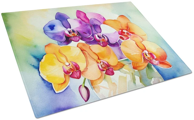 Main image of NEW Orchids in Watercolor Glass Cutting Board Decorative Tempered Glass Kitchen Cutting and Serving Board Large Size Chopping Bo