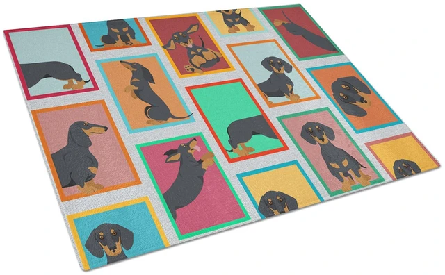 Main image of NEW Lots of Black and Tan Dachshund Glass Cutting Board Decorative Tempered Glass Kitchen Cutting and Serving Board Large Size C