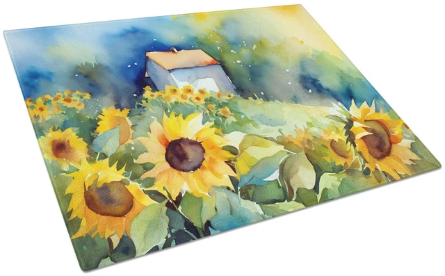 Main image of NEW Sunflowers in Watercolor Glass Cutting Board Decorative Tempered Glass Kitchen Cutting and Serving Board Large Size Chopping