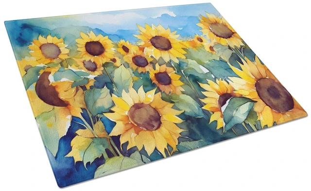 Main image of NEW Sunflowers in Watercolor Glass Cutting Board Decorative Tempered Glass Kitchen Cutting and Serving Board Large Size Chopping