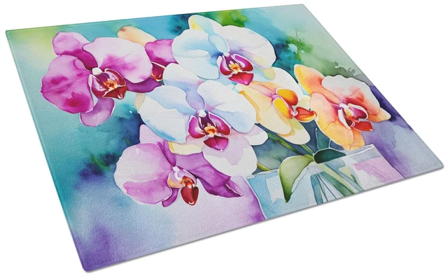 Main image of NEW Orchids in Watercolor Glass Cutting Board Decorative Tempered Glass Kitchen Cutting and Serving Board Large Size Chopping Bo