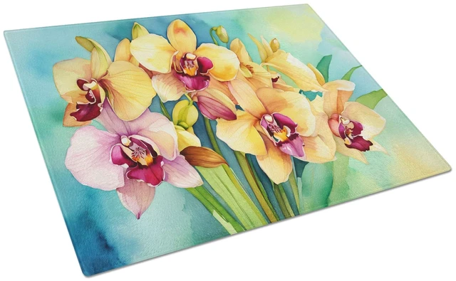 Main image of NEW Orchids in Watercolor Glass Cutting Board Decorative Tempered Glass Kitchen Cutting and Serving Board Large Size Chopping Bo