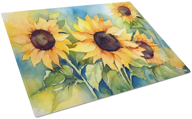 Main image of NEW Sunflowers in Watercolor Glass Cutting Board Decorative Tempered Glass Kitchen Cutting and Serving Board Large Size Chopping