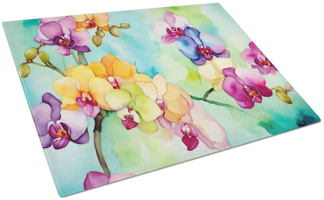 Main image of NEW Orchids in Watercolor Glass Cutting Board Decorative Tempered Glass Kitchen Cutting and Serving Board Large Size Chopping Bo