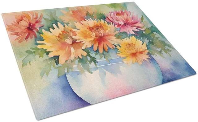 Main image of NEW Chrysanthemums in Watercolor Glass Cutting Board Decorative Tempered Glass Kitchen Cutting and Serving Board Large Size Chop