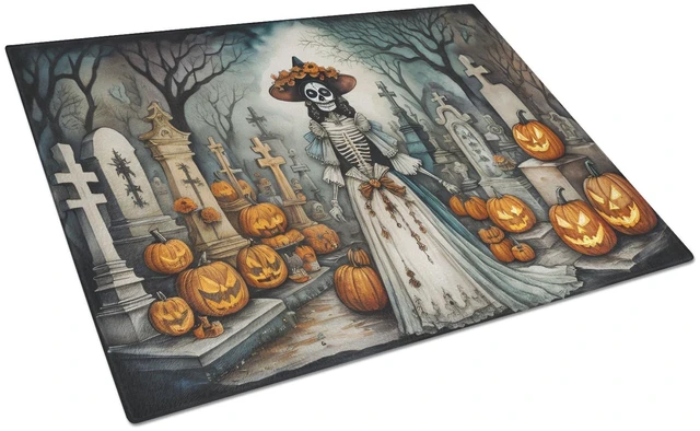 Main image of NEW La Catrina Skeleton Spooky Halloween Glass Cutting Board Decorative Tempered Glass Kitchen Cutting and Serving Board Large S