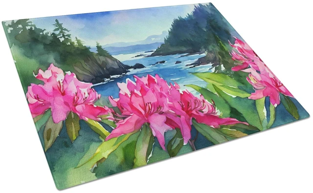 Main image of NEW Washington Coast Rhododendrons in Watercolor Glass Cutting Board Decorative Tempered Glass Kitchen Cutting and Serving Board