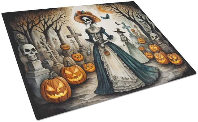 Main image of NEW La Catrina Skeleton Spooky Halloween Glass Cutting Board Decorative Tempered Glass Kitchen Cutting and Serving Board Large S