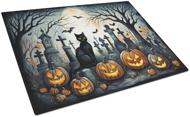 Main image of NEW Black Cat Spooky Halloween Glass Cutting Board Decorative Tempered Glass Kitchen Cutting and Serving Board Large Size Choppi
