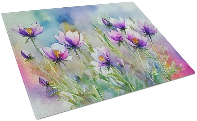 Main image of NEW South Dakota Pasque Flowers in Watercolor Glass Cutting Board Decorative Tempered Glass Kitchen Cutting and Serving Board La