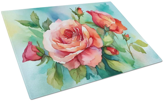 Main image of NEW Oklahoma Roses in Watercolor Glass Cutting Board Decorative Tempered Glass Kitchen Cutting and Serving Board Large Size Chop