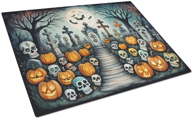 Main image of NEW Calaveras Sugar Skulls Spooky Halloween Glass Cutting Board Decorative Tempered Glass Kitchen Cutting and Serving Board Larg
