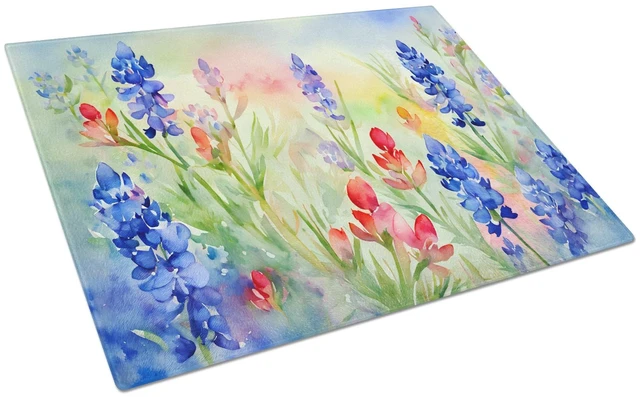 Main image of NEW Texas Bluebonnets in Watercolor Glass Cutting Board Decorative Tempered Glass Kitchen Cutting and Serving Board Large Size C