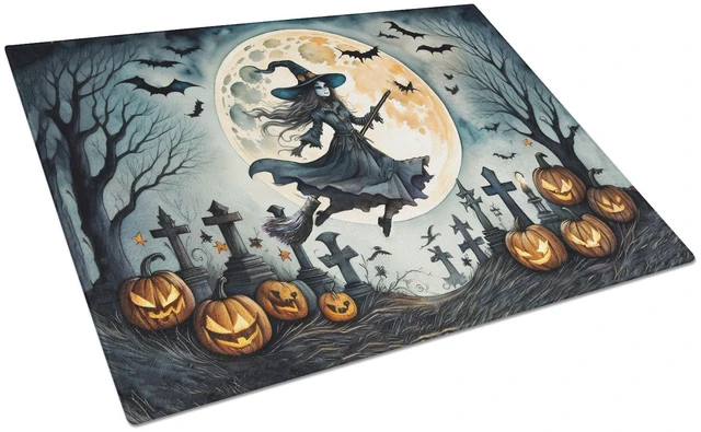 Main image of NEW Flying Witch Spooky Halloween Glass Cutting Board Decorative Tempered Glass Kitchen Cutting and Serving Board Large Size Cho