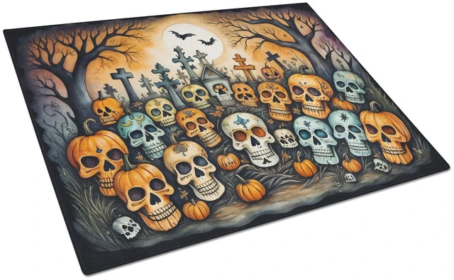 Main image of NEW Calaveras Sugar Skulls Spooky Halloween Glass Cutting Board Decorative Tempered Glass Kitchen Cutting and Serving Board Larg