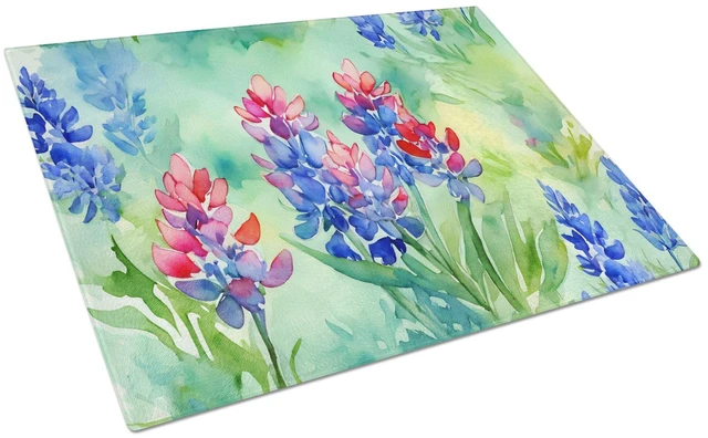 Main image of NEW Texas Bluebonnets in Watercolor Glass Cutting Board Decorative Tempered Glass Kitchen Cutting and Serving Board Large Size C