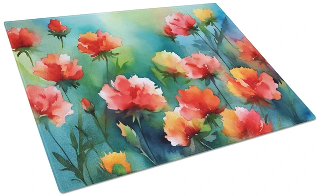 Main image of NEW Ohio Scarlet Carnations in Watercolor Glass Cutting Board Decorative Tempered Glass Kitchen Cutting and Serving Board Large