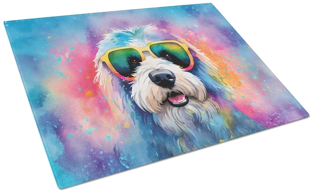 Main image of NEW Old English Sheepdog Hippie Dawg Glass Cutting Board Decorative Tempered Glass Kitchen Cutting and Serving Board Large Size