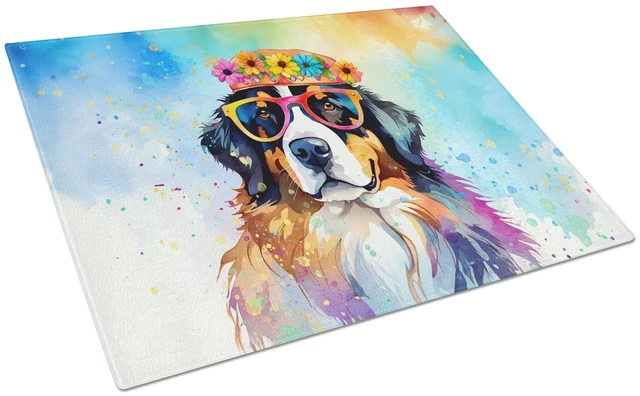 Main image of NEW Bernese Mountain Dog Hippie Dawg Glass Cutting Board Decorative Tempered Glass Kitchen Cutting and Serving Board Large Size