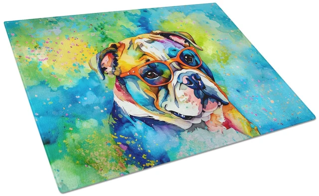 Main image of NEW English Bulldog Hippie Dawg Glass Cutting Board Decorative Tempered Glass Kitchen Cutting and Serving Board Large Size Chopp