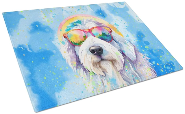 Main image of NEW Old English Sheepdog Hippie Dawg Glass Cutting Board Decorative Tempered Glass Kitchen Cutting and Serving Board Large Size