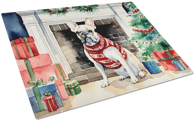 Main image of French Bulldog Cozy Christmas Glass Cutting Board Decorative Tempered Glass Kitchen Cutting and Serving Board Large Size Choppin