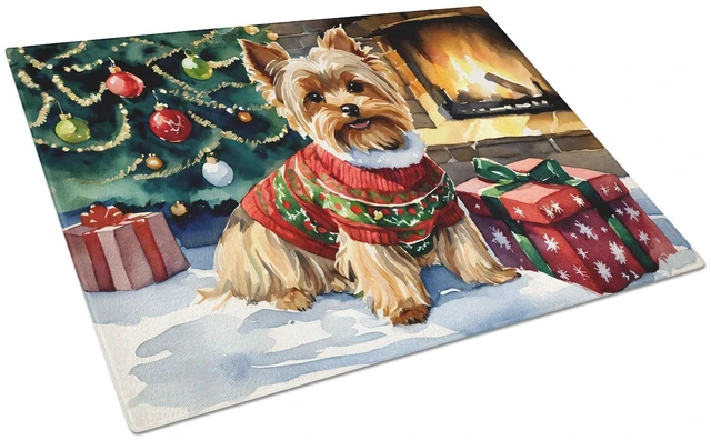 Main image of NEW Yorkshire Terrier Cozy Christmas Glass Cutting Board Decorative Tempered Glass Kitchen Cutting and Serving Board Large Size