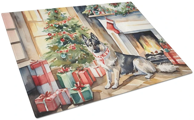 Main image of NEW Norwegian Elkhound Cozy Christmas Glass Cutting Board Decorative Tempered Glass Kitchen Cutting and Serving Board Large Size