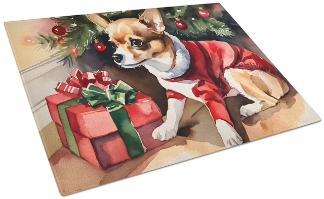 Main image of Chihuahua Cozy Christmas Glass Cutting Board Decorative Tempered Glass Kitchen Cutting and Serving Board Large Size Chopping Boa