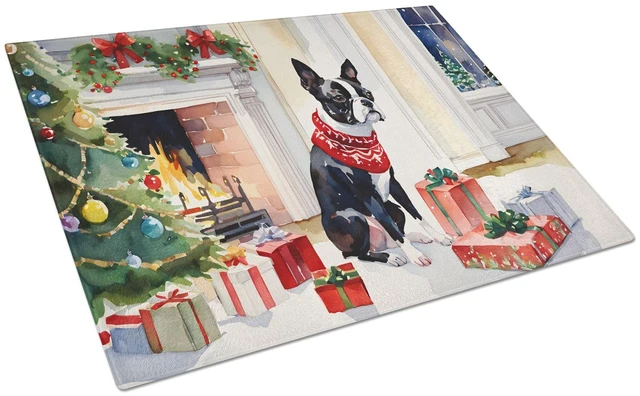 Main image of NEW Boston Terrier Cozy Christmas Glass Cutting Board Decorative Tempered Glass Kitchen Cutting and Serving Board Large Size Cho