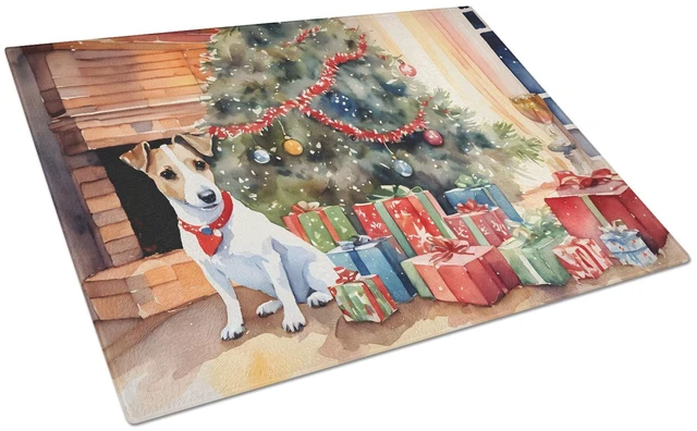 Main image of NEW Jack Russell Terrier Cozy Christmas Glass Cutting Board Decorative Tempered Glass Kitchen Cutting and Serving Board Large Si