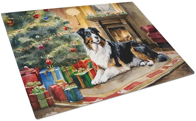 Main image of NEW Australian Shepherd Cozy Christmas Glass Cutting Board Decorative Tempered Glass Kitchen Cutting and Serving Board Large Siz