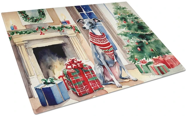 Main image of Italian Greyhound Cozy Christmas Glass Cutting Board Decorative Tempered Glass Kitchen Cutting and Serving Board Large Size Chop