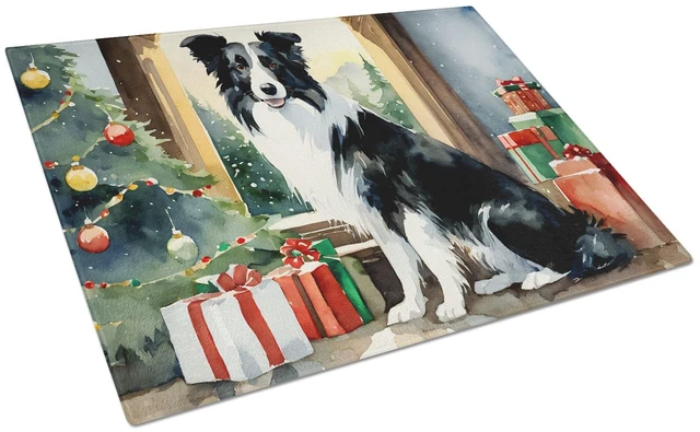 Main image of NEW Border Collie Cozy Christmas Glass Cutting Board Decorative Tempered Glass Kitchen Cutting and Serving Board Large Size Chop
