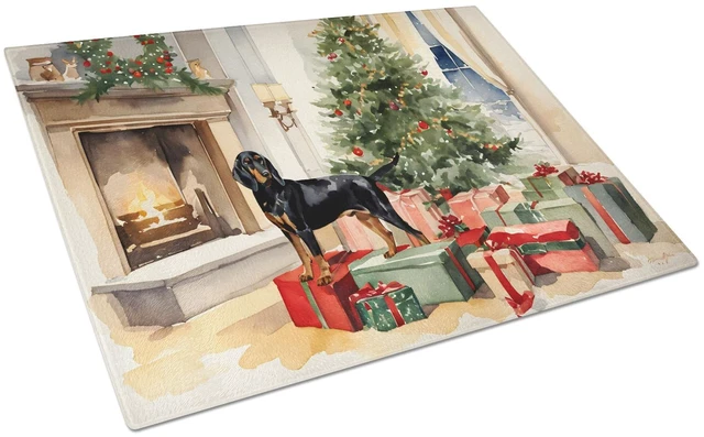 Main image of NEW Black and Tan Coonhound Cozy Christmas Glass Cutting Board Decorative Tempered Glass Kitchen Cutting and Serving Board Large