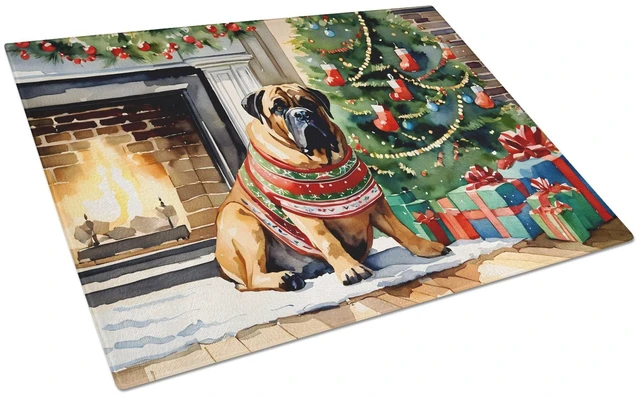 Main image of NEW Bullmastiff Cozy Christmas Glass Cutting Board Decorative Tempered Glass Kitchen Cutting and Serving Board Large Size Choppi