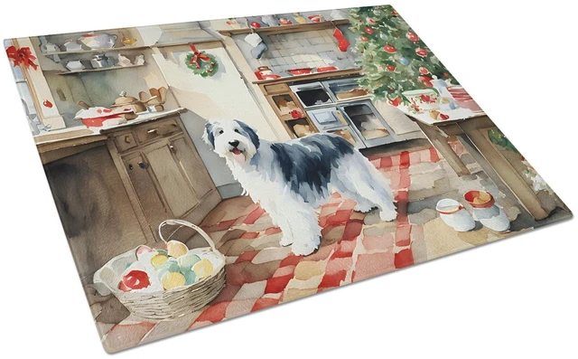 Main image of NEW Old English Sheepdog Christmas Cookies Glass Cutting Board Decorative Tempered Glass Kitchen Cutting and Serving Board Large