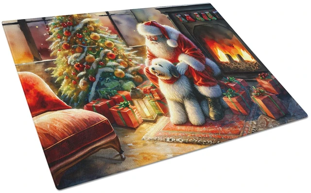 Main image of NEW Old English Sheepdog and Santa Claus Glass Cutting Board Decorative Tempered Glass Kitchen Cutting and Serving Board Large S