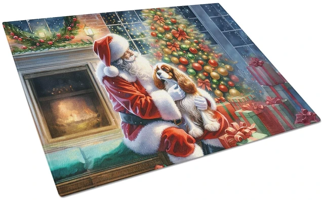 Main image of NEW Cavalier Spaniel and Santa Claus Glass Cutting Board Decorative Tempered Glass Kitchen Cutting and Serving Board Large Size