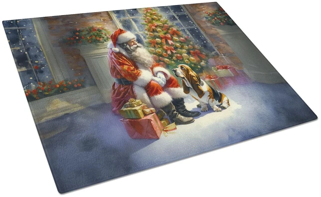 Main image of NEW Basset Hound and Santa Claus Glass Cutting Board Decorative Tempered Glass Kitchen Cutting and Serving Board Large Size Chop