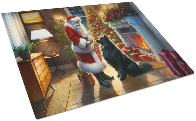 Main image of NEW Belgian Sheepdog and Santa Claus Glass Cutting Board Decorative Tempered Glass Kitchen Cutting and Serving Board Large Size