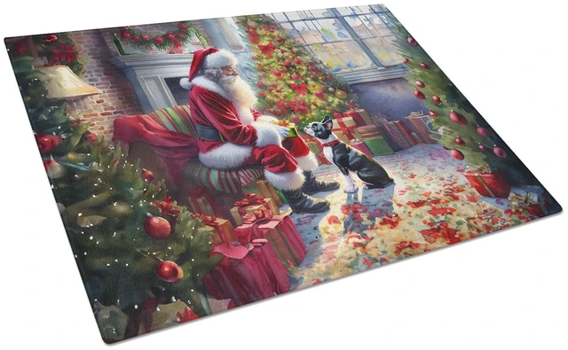 Main image of NEW Boston Terrier and Santa Claus Glass Cutting Board Decorative Tempered Glass Kitchen Cutting and Serving Board Large Size Ch